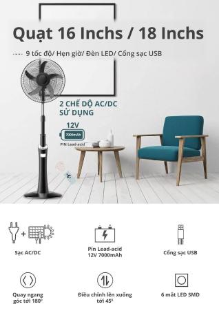 Quạt  sạc 3 trong 1 cao cấp HAKEN Model HK-RF88-18B.S